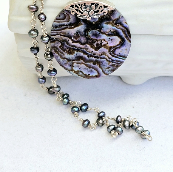 925 Silver Abalone and Pearl Station Necklace - Picture 2 of 15